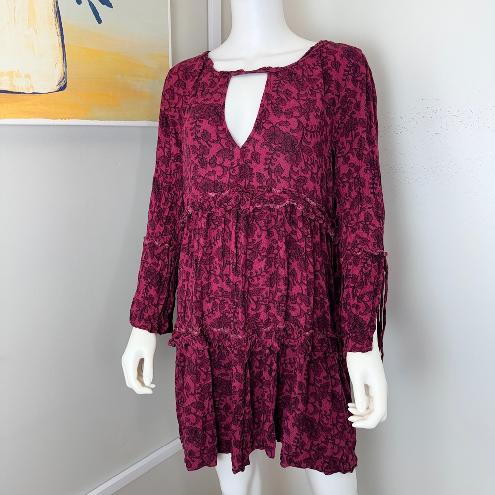 American Eagle Mini Dress Women XL Maroon Boho Floral Keyhole Tiered Cottagecore